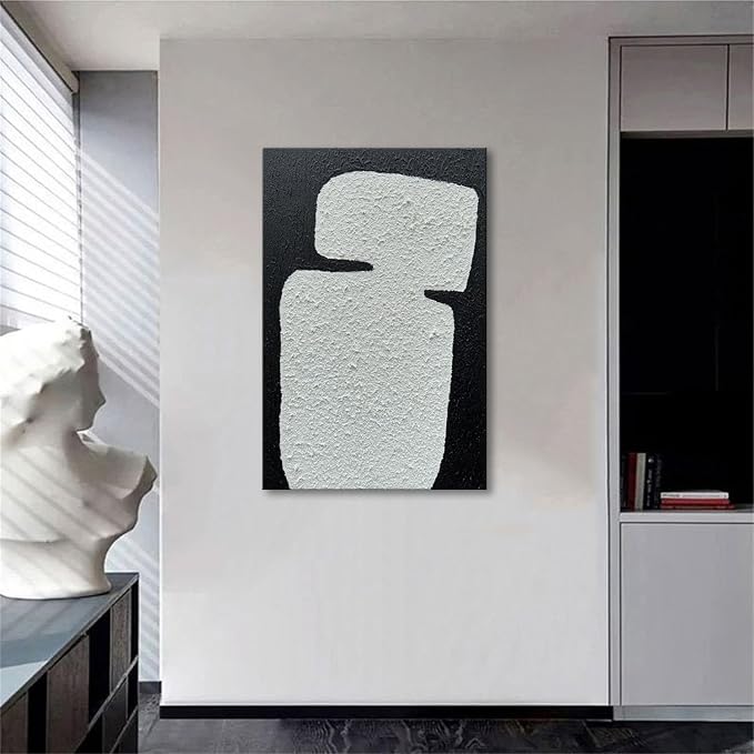 zoinart Hand Painted Textured Wall Art 24x36 Inches Decorative Oil Paintings on Canvas Black and White Abstract Painting Contemporary Art Minimalist Wall Decor