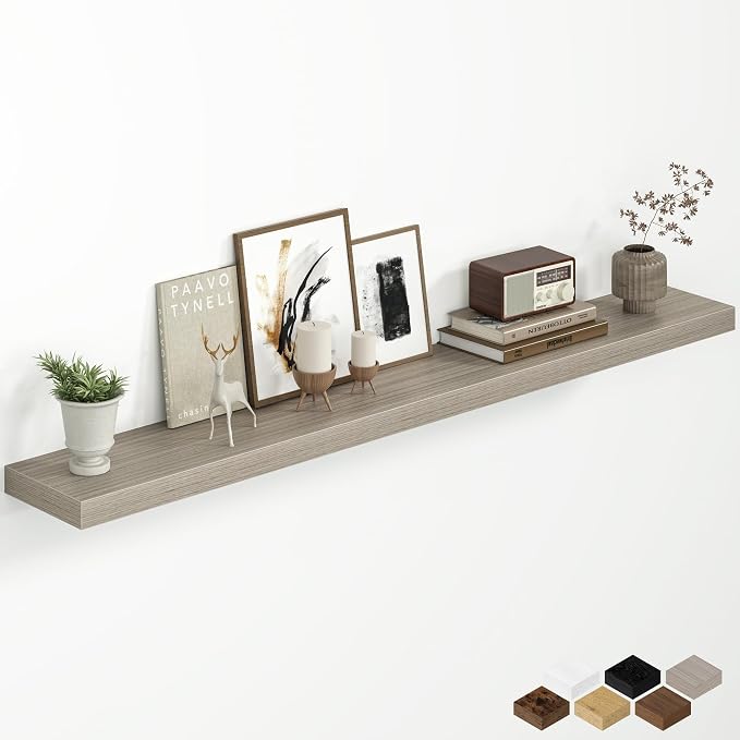 Fun Memories 55 Inch Floating Shelves for Wall, 8 Inch Deep Rustic Wood Wall Mounted Shelves with Invisible Brackets for Bathroom, Bedroom, Kitchen & Living Room Storage Decor, Grey, 1 Pack