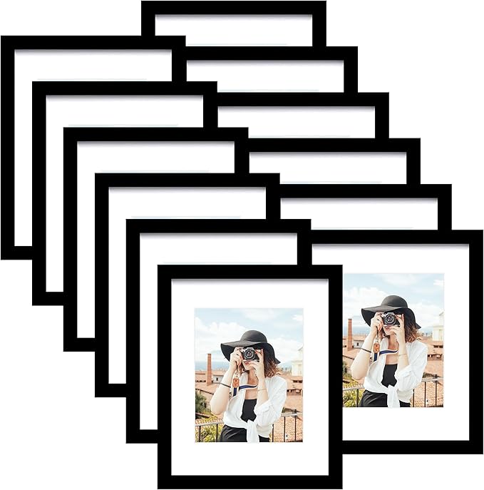 Picrit 9x12 Picture Frame Set of 12, Display 6x8 with Mat or 9x12 without Mat, Photo Frames for Wall Mounting or Table Top Display, Black