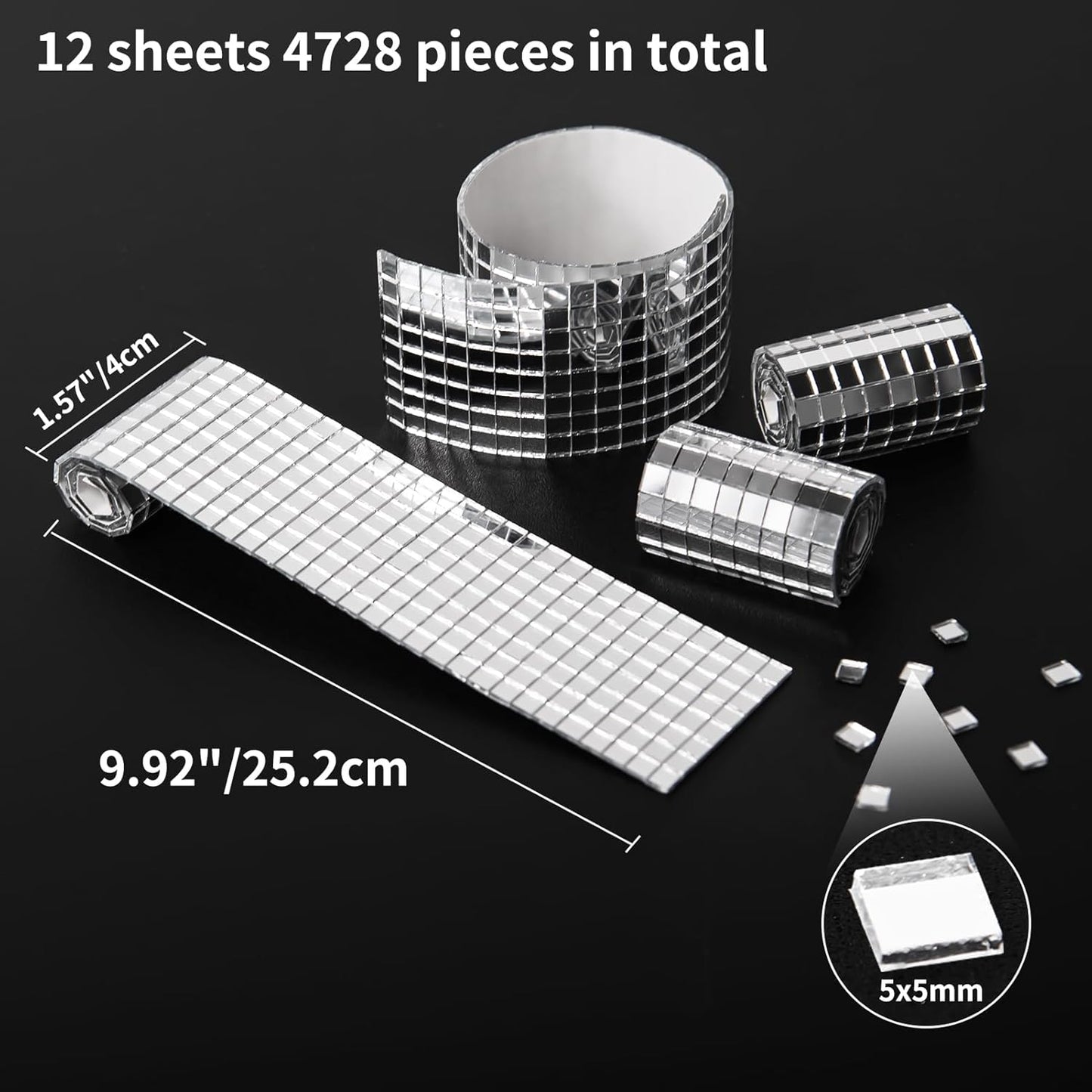 Art3dwallpanels 12 Pack Self-Adhesive Glass Mirror Mosaic Tiles 4728 Pieces Small Square Mirror Tiles Sticker for DIY Craft Decoration, Disco Ball Silver
