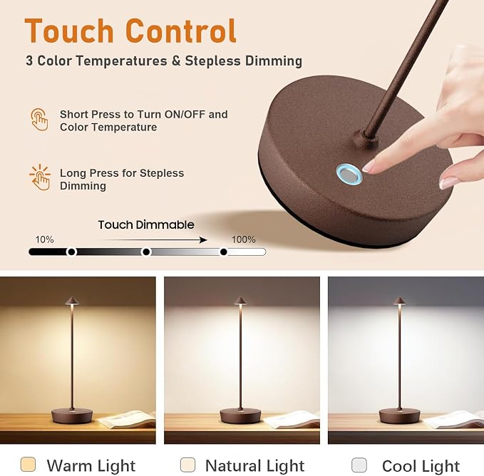 Set of 2 Rechargeable Cordless Table Lamp,6000mAh LED Battery Operated Desk Lamp Touch 3 Color Dimming Portable Outdoor Waterproof Table Light for Patio/Restaurant/Dining/Home (Rust)