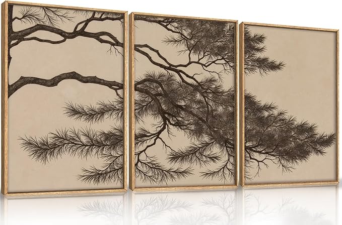 LHIUEM Large Vintage Pine Tree Branch Framed Canvas Wall Art,Sketch Botanical Wall Decor,Nature Plant Artwork,Brown Antique Etching Art Prints for Living Room,Bedroom,Office- 24"x36"x3