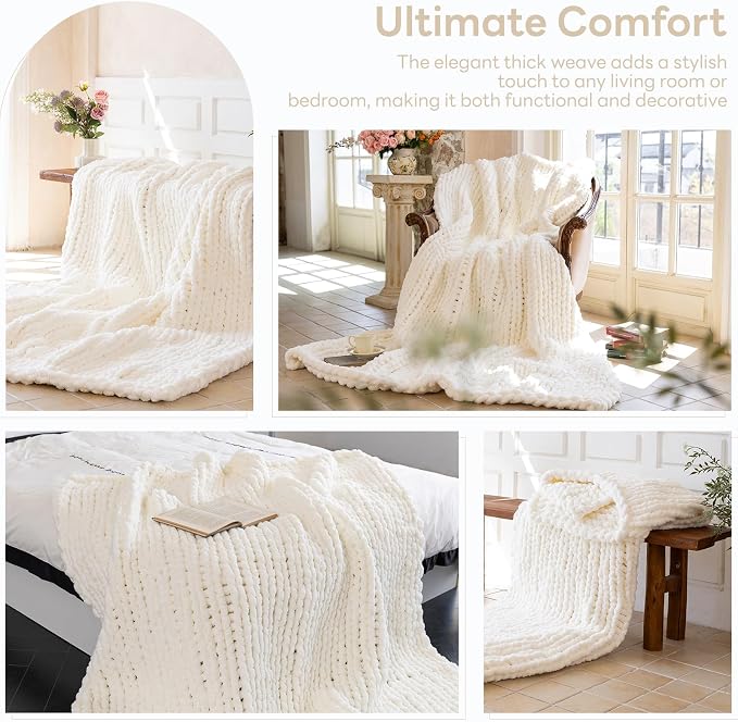 Chunky Knit Blanket - Luxury Soft Cozy 60 * 80 Throw Blanket,100% Woven Blanket Rope Knot Throw Blanket for Couch, Sofa, Home Decor, Gift - Machine Washable (Ivory White, 60 * 80)