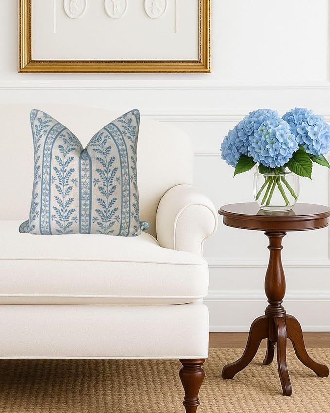 Jillien Harbor “The Louis” Blue Floral Block Print Pillow Cover – Decorative Throw Pillow Cover with Off-White Background – Grandmillennial Home Decor, 20" x 20"