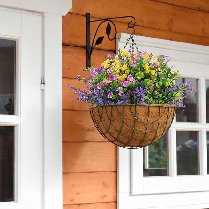 Hananona 24 Pcs Artificial Flowers Outdoor, Faux Artificial Plants UV Resistant Plastic Flower Bulk for Hanging Planter Porch Window Home Wedding Fall Summer Decor (24, Fuchsia, Purple, Yellow, Green)