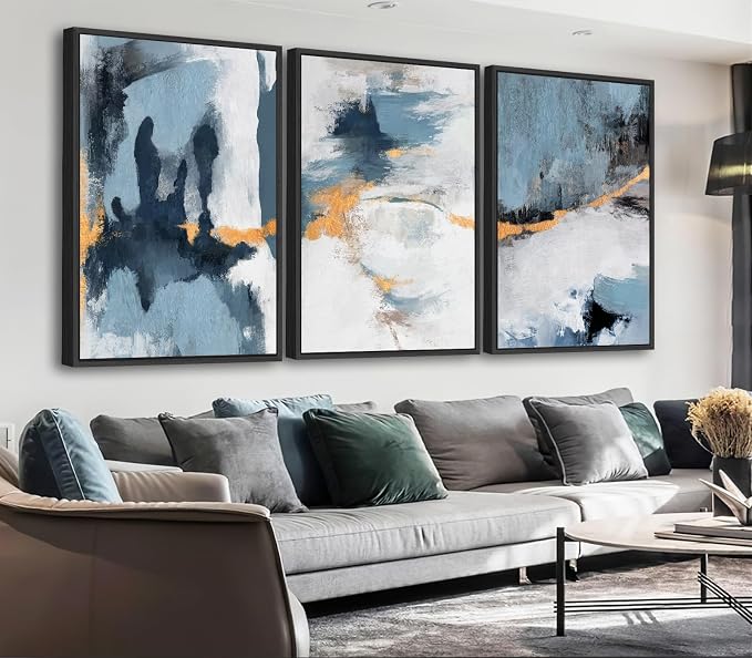Large Framed Abstract Wall Art - Natural Framed Canvas Pictures for Living Room Modern Canvas Prints Grey Blue for Bedroom, Black Float Frame Art for Home Office Kitchen Decor 16" X 24" X 3pcs