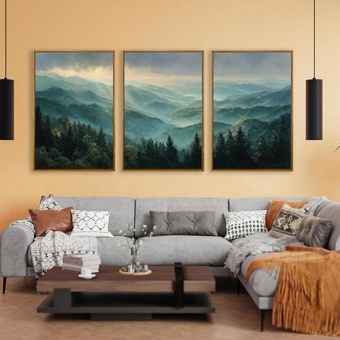 QTUSYUR Sage Green Mountain Wall Art - Large Farmed Pine Forest Landscape Art Print - Abstract Nature Adventure Artwork for Farmhouse Bedroom Living Room- Misty Mountains Triptych Decor 16”×24”×3