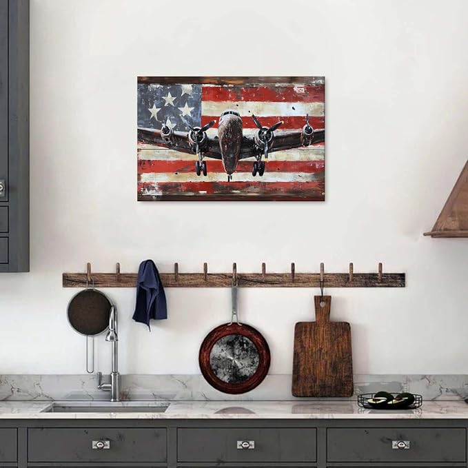 Airplane Wall Art Vintage Aircraft Picture Wall Decor for Bedroom Office Rustic USA Flag Prints Artwork Living Room Canvas Aircraft Propeller Pictures Posters Artwork Kitchen Home Decorations 16x24"