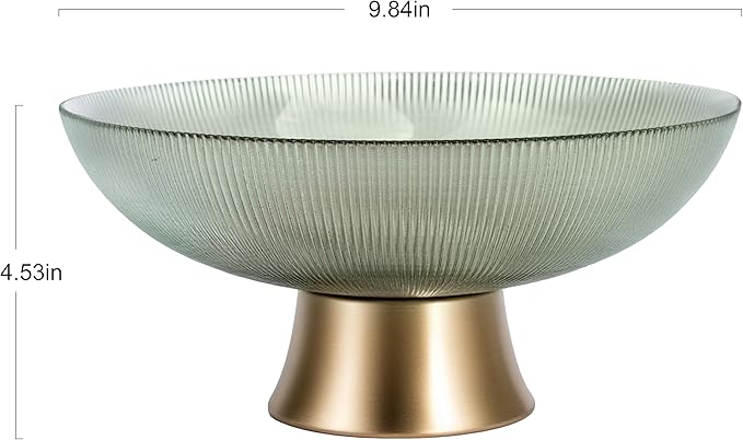 Round Glass Decorative Bowl (Green), 9.8 Inches Handblown Striped Design Glass Bowl with Rust Resistant Metal Base,Decor Fruit Bowl for Home Decor,Table Centerpiece,Kitchen Island and Dining Decor