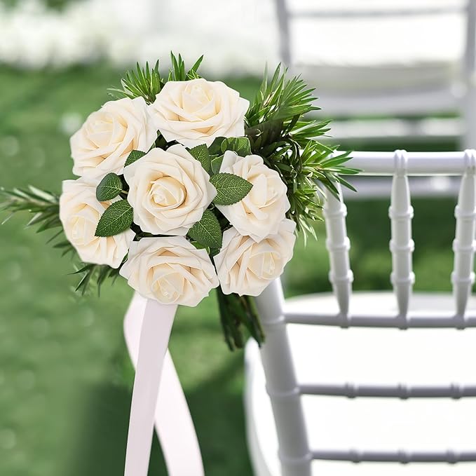 Mocoosy 50Pcs Rose Artificial Flowers, Cream White Fake Roses for Decoration, Real Touch Beige Foam Rose Bulk with Stem DIY Wedding Bouquet Bridal Shower Mother's Day Floral Arrangement Table Decor