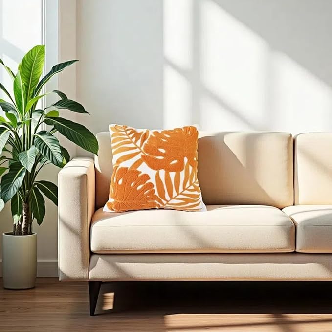 Embroidery Throw Pillow Covers 18x18 Home Decor Floor Pillow Cover for Couch Bed Chair 100% Cotton Loop Embroidered Orange Tropical Leaves Cushion Cover Square Pillowcase 45x45cm, 1 Piece