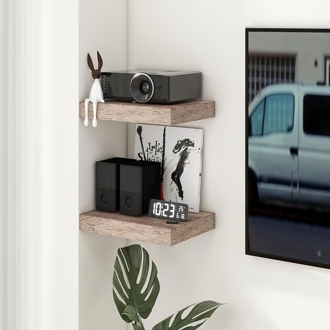 FLYJOE 12 Inch Deep Floating Shelves, 16'' Grey Floating Shelves Set of 2 | 12'' Deep Shelves for Wall, 16'' x 12'' Rustic Grey Wood Shelves for Farmhouse Living Room Bathroom Kitchen Laundry Room