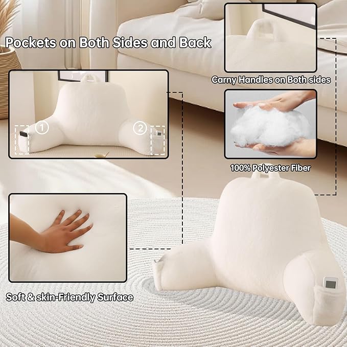 Soft Reading Pillow for Bed with Arms,Middle,White,Faux Fur | 17" Backrest for Gaming & Lounging,Oeko-TEX Certified Plush Back Pillow for Teens Room