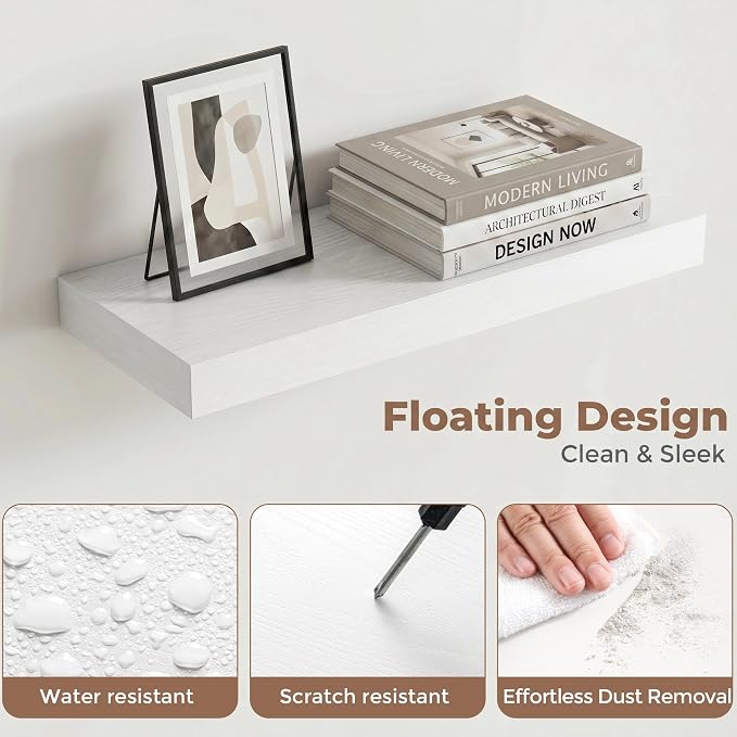 Venusmiles Floating Shelves for Wall, 16 Inch Floating Shelves Set of 2, 6.5" D Wooden Wall Mounted Display Shelves with Invisible Brackets for Living Room, Bedroom, Bathroom, Kitchen Decor, White