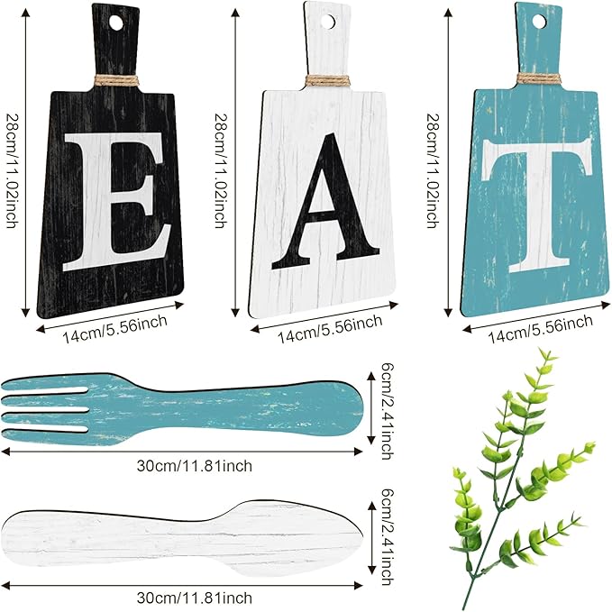 Jetec Cutting Board Eat Sign Set Hanging Art Kitchen Eat Sign Farmhouse Fork and Spoon Wall Decor Rustic Primitive Country Kitchen Decor for Home over Cabinet Decoration(Black, White, Teal)