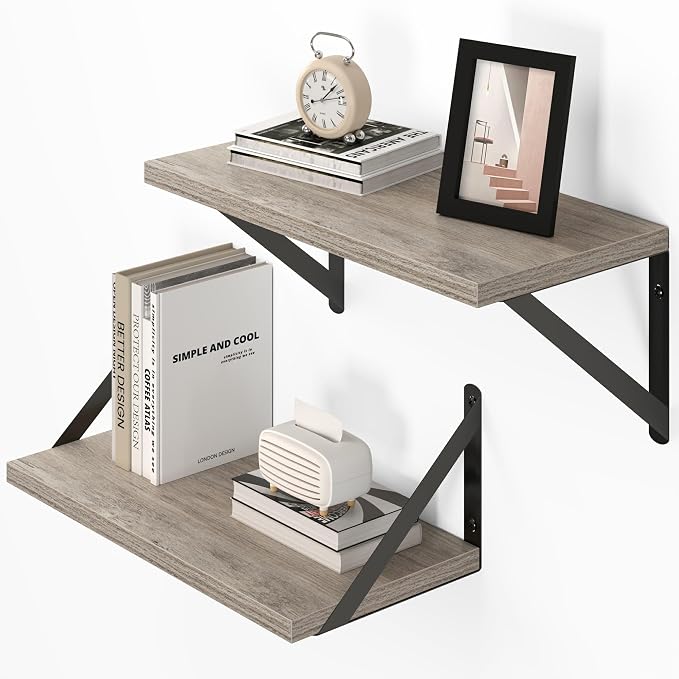 Vivelove Deep Floating Shelves for Wall, 16W x 8D Rustic Grey Wood Wall Shelves Set of 2, Large Floating Shelf for Living Room, Kitchen, Office, Bedroom and Decor Storage, with Metal Bracket - Grey