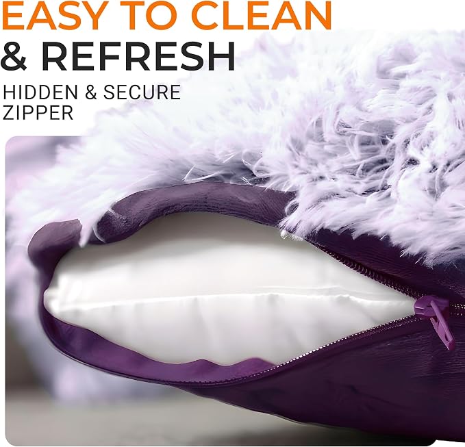 Cheer Collection Throw Pillows for Couch and Bed, Soft Shaggy Throw Pillows with Inserts Included, Cozy Long Hair Faux Fur Pillows - Set of 2-18" x 18" - Purple