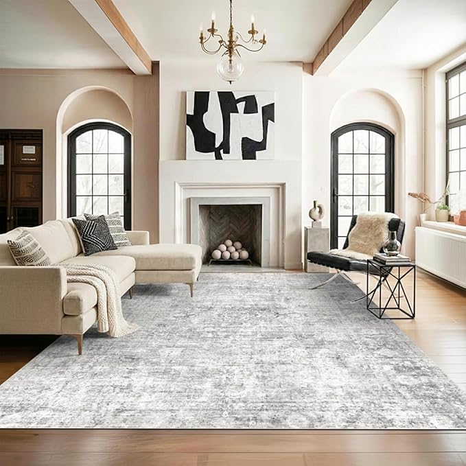 Homemate Washable Rug 8x10 Area Rugs - Vintage Faux Wool Rugs for Living Room Bedroom Dining Room - Non Slip Foldable Carpet Indoor Area Rug for Home Decor（8'x10', Grey