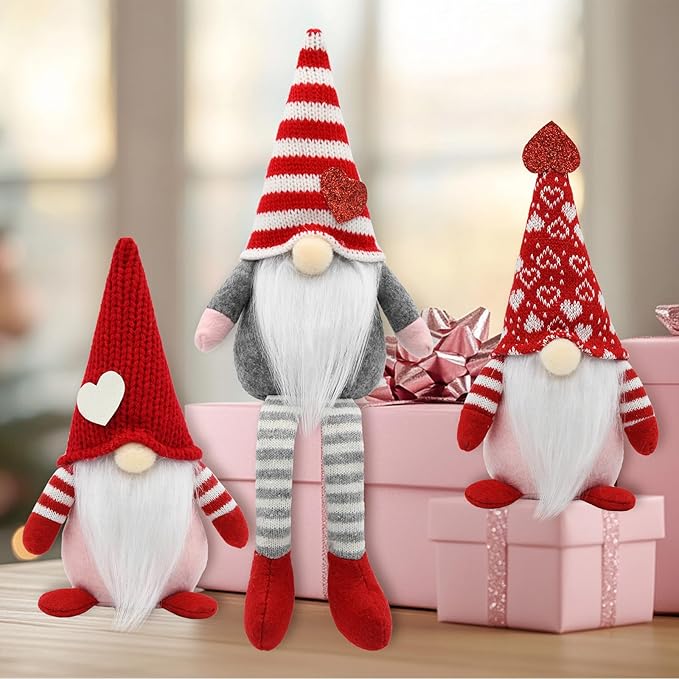 Valentines Day Decorations, 3Pcs Valentine Gnomes Plush with Hearts, Table Tired Tray Decor Indoor for Home Office, Romantic Gift for Her, Him
