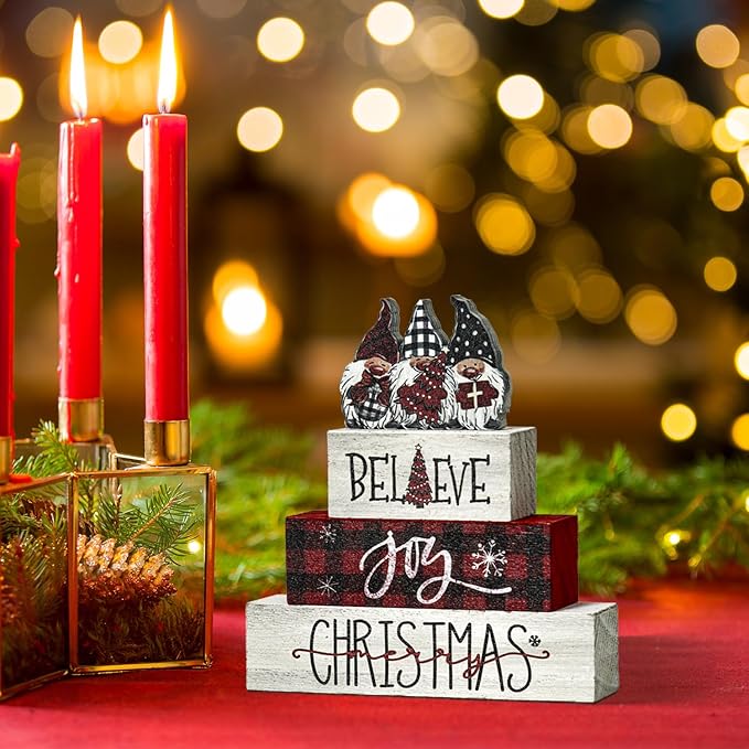 Smile 4 Pcs Christmas Indoor Decoration Wooden Sign, Tabletop Decor Gnome Believe Joy Christmas, Ornaments for Home Shelf Mantel Fireplace.