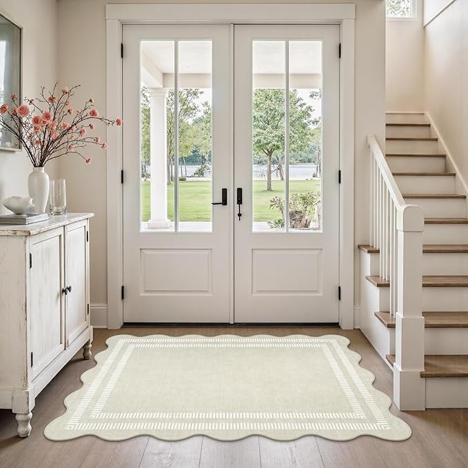 Washable 3x5 Indoor Entryway Rug, Neutral Beige Soft Non Slip Rugs Stain Resistant Scalloped Carpet for Bedroom Kitchen Nursery Home Office