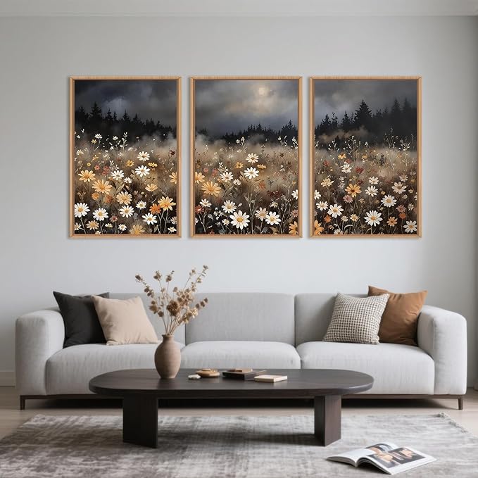 Moody Wildflower Framed Canvas Wall Art Set, Calming Nature Dark Floral Wall Decor, Boho Misty Forest Botanical Meadow Artwork Modern Landscape Print for Living Room,Bedroom-24 x36 x3