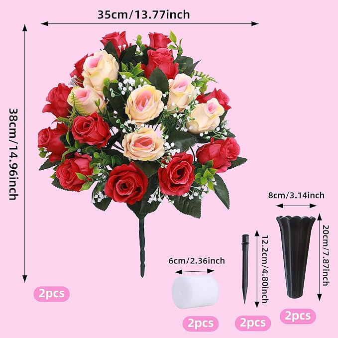 Lodou Set of 2 Artificial Cemetery Flowers, Memorial Flowers Bouquet,Grave Memorial Flowers with Vase for Cemetery Headstones Decoration (Rose red Beige)