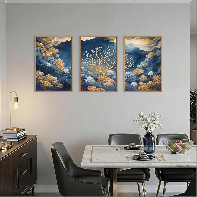 HPNIUB Blue Dreamy Underwater Framed Canvas Wall Art Set 24''×36''×3 | Modern Gold Coral Seascape Wall Decor Abstract Navy Ocean Marine Fish Artwork Living Room Bedroom Farmhouse Office