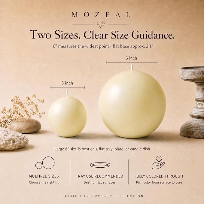 MOZEAL Hand-Poured, 6 Inch Ivory Large Round Ball Candles - Elegant Ivory Round Pillar Candles, Dripless, Unscented, Smokeless, Ideal for Weddings and Elegant Celebrations