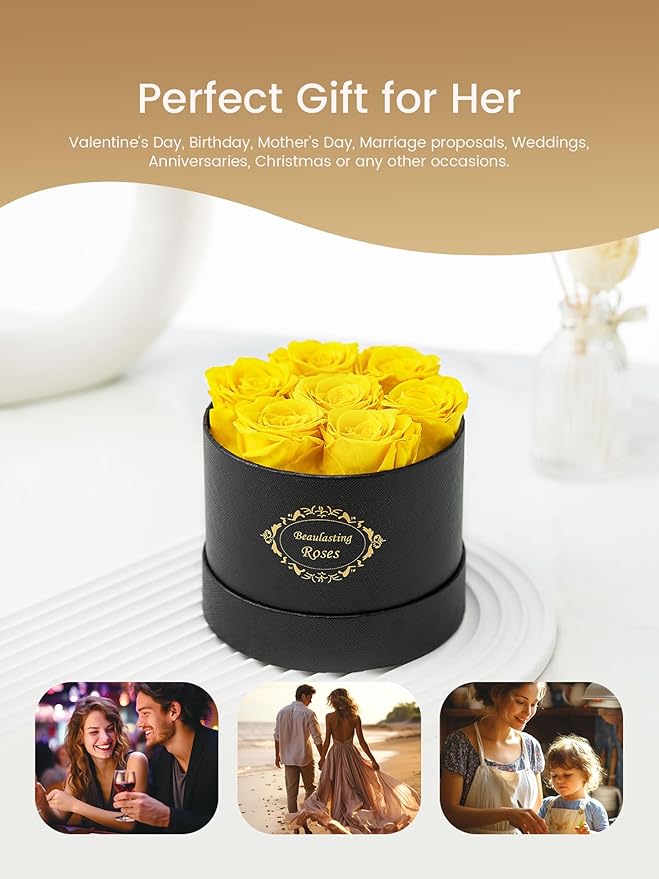 Beaulasting Long Lasting Preserved Roses in a Box Last a Year Forever Flowers for Her Mom Wife Anniversary Birthday (Round Black Box, Yellow)