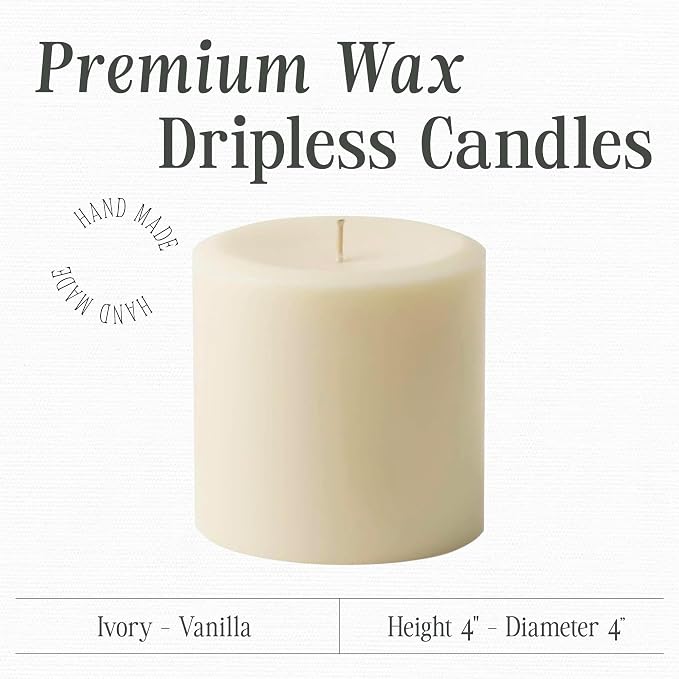 Mister Candle Dripless Vanilla Scented Ivory Pillar Candles, Hand Made Vanilla Pillar Candles with Essential Oils for Home Decor, Premium Wax, 80 Hr Burn Time (4x4 inch)