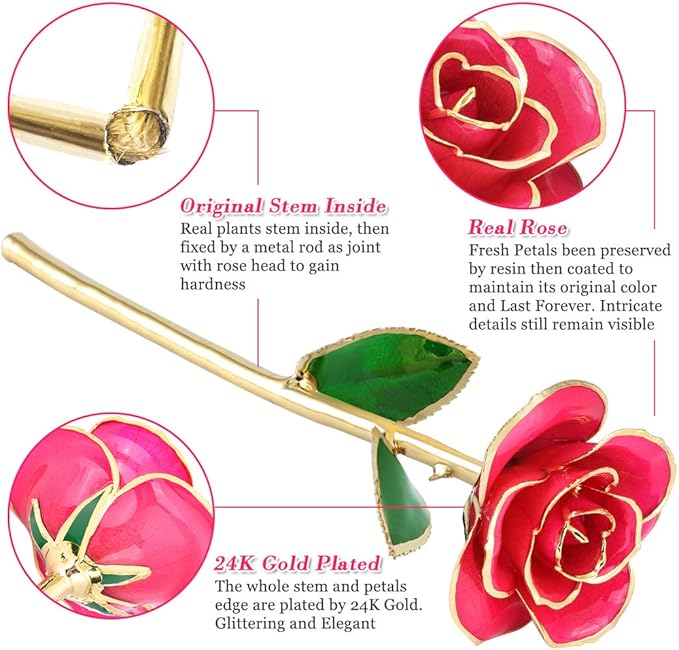 Gold Plated Rose, 24K Gold Dipped Real Rose Flower Gift for Lover Mom Wife Daughter Girl Friend, Present on Christmas, Mother's Day, Wedding Anniversary, Birthday, Proposal, Reward (Pink with Stand)