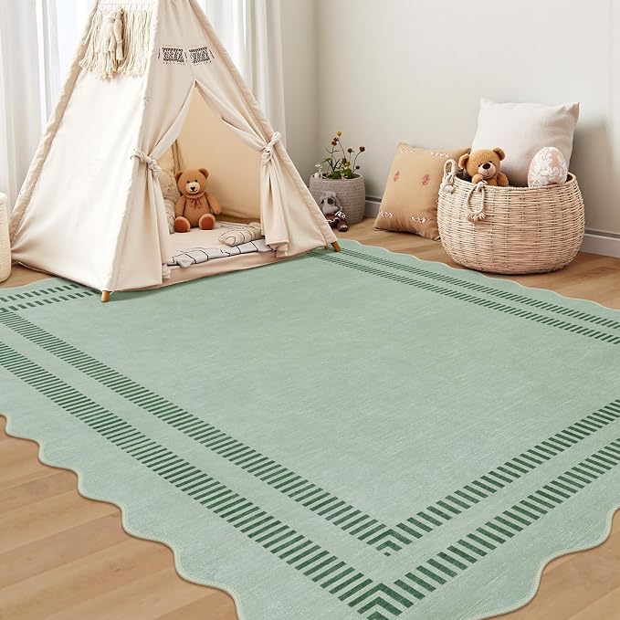 Scalloped Rug 5x7, Green Rugs for Living Room Ultra-Thin, Washable Area Rug Soft Rugs Non-Slip Throw Carpet for Bedroom ‎Dining Room Playroom