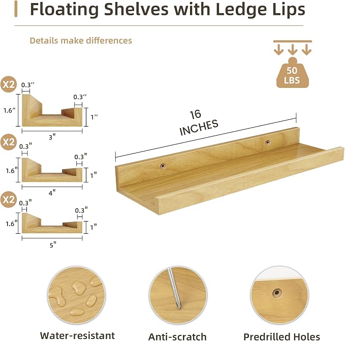 Acovy Floating Shelves Set of 6, 16 Inch Wall Mounted Picture Ledge Shelf with Lip, Oak Display Shelves for Living Room, Bedroom, Nursery, Bathroom & Kitchen