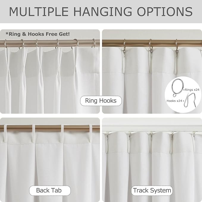 Vision Home White Pinch Pleated Light Filtering Curtains 60" Wx108 Lx2 | Microfiber Liner, Linen Blended, Privacy Drapes, Back Tabs with Ring Hooks, 2 Panels, for Living Room Bedroom Sliding Door