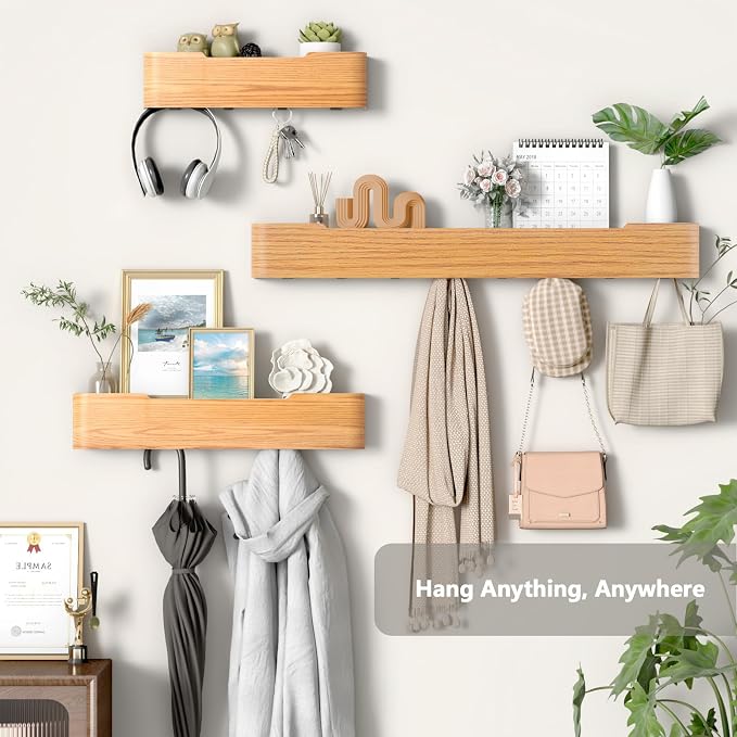 Wall Mounted Coat Rack with Shelf, Wooden Entryway Organizer with Hidden Metal Hooks for Hanging Coats Bags Keys, Modern Floating Shelf for Hallway Bathroom (Oak, 5 Hooks)