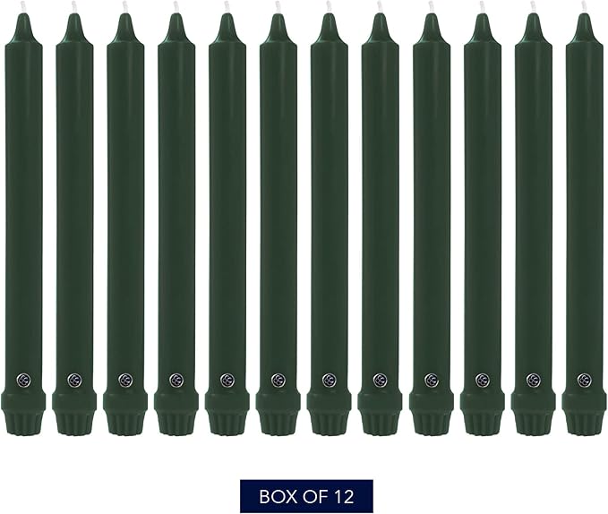 Colonial Candle Unscented Taper Candle, Classic Collection, Evergreen, 10 In, Pack of 12 - Up to 8 Hours Burn