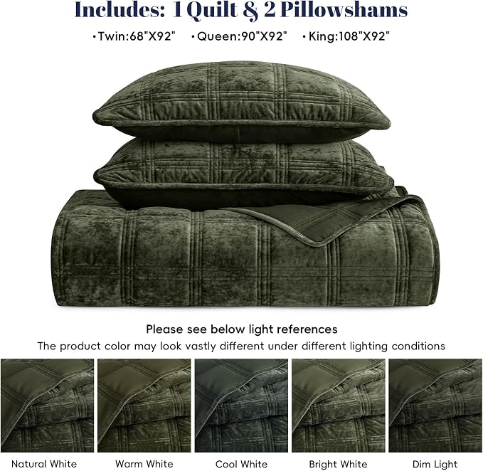PHF Ultra Soft Velvet Quilt Set King Size – 3PCS Luxurious Cozy Quilted Comforter Alternative with Diamond Pattern, Warm Quilted Bedspread Coverlet, 108" x 92", Smokey Olive
