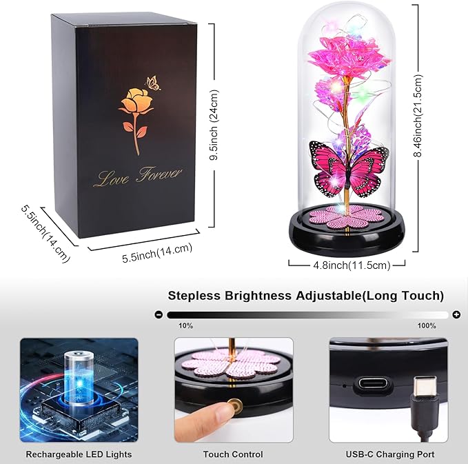 Mothers Day Rose Gifts for Mom Birthday Gift, Rechargeable Galaxy Glass Rose in Glass Dome Crystal Roses Butterfly Anniversary Mother's Day Flowers Gifts for Women Mom Wife Grandma Daughter, Pink