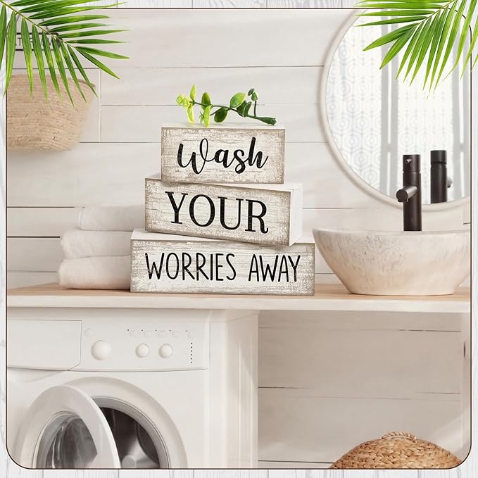 Moucuny 4 Pcs Bathroom Decor Wash Your Worries Away Sign Funny Bathroom Laundry Room Decor and Accessories Rustic Eucalyptus Leaves Block Signs Funny Toilet Washroom Table Centerpiece for Home Toilet