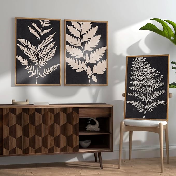 SIKERIC Vintage Black Tan Fern Leaf Wall Art, Nature Minimalis Leaves Framed Canvas Art Print Set of 3, Modern Fern Silhouette Wall Decor, Large Plant Artwork for Living Room, Bedroom, Office-24x36
