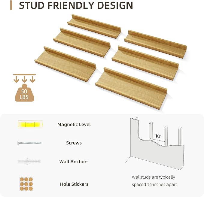Acovy Floating Shelves Set of 6, 48 Inch Wall Mounted Picture Ledge Shelf with Lip, Oak Display Shelves for Living Room, Bedroom, Nursery, Bathroom & Kitchen