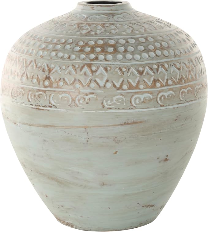 Deco 79 Ceramic Decorative Vase Antique Style Wide Rounded Centerpiece Vase with Geometric Tribal Carvings, Flower Vase for Home Decoration 11" x 11" x 12", Green