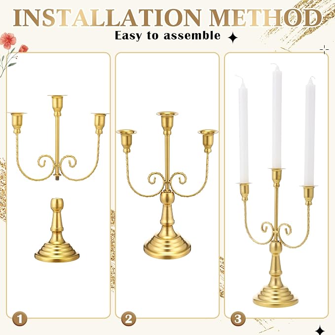 Dandat 3 Pcs 3 Arm Metal Candelabra Candlestick Holders Tall Candlestick Holders Gothic Candle Holder for Home Wedding Church Christmas Party (Retro,11.8 Inch,Gold)