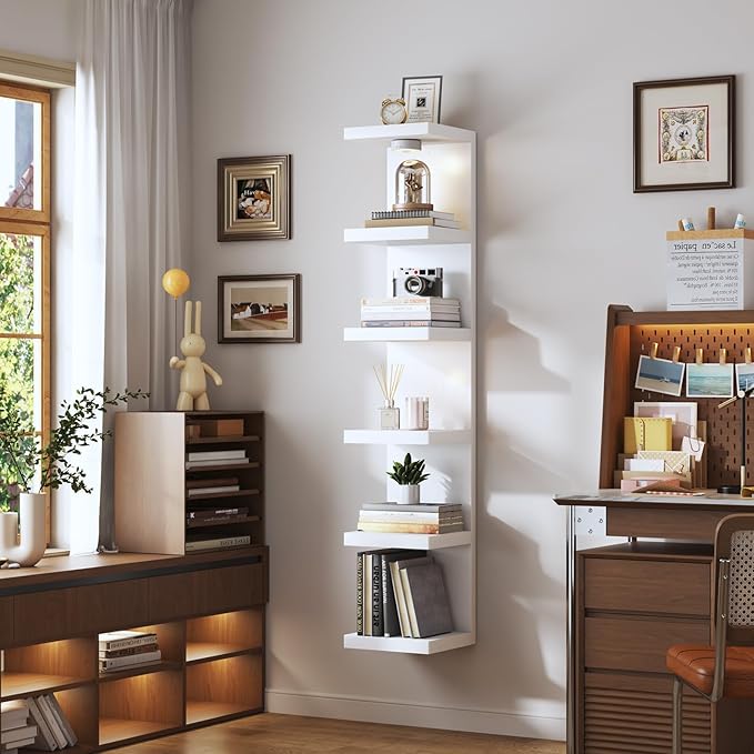 6-Tier Wall Shelf Unit with USB Rechargeable Led Light (Remote Controlled),Versatile Floating Display Shelves,Lack Style Wall Shelves for Bedroom,Living Room,Office Decor,Vanity-White