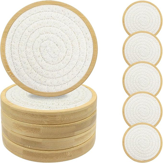 Eykao Bamboo Coasters for Drinks, Absorbent Coaster Sets of 5, Woven Drink Coasters for Coffee Table, Housewarming Gift for Farmhouse Home Decor,4 inches (White Series)