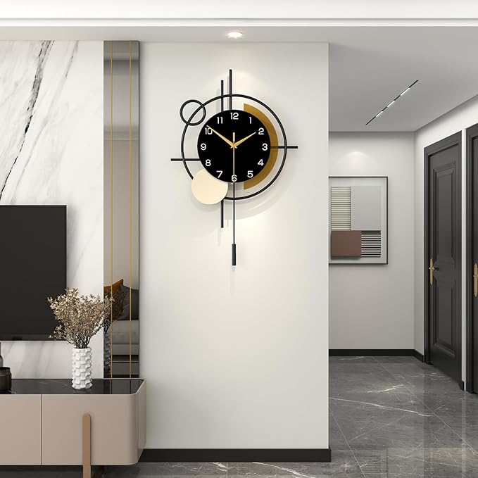 Large Wall Clock for Living Room Decor Modern Wall Clock with Pendulum Silent Quartz Battery Operated Metal Decorative Clock for Dining Room,Kitchen,Home,Bathroom,Bedroom,17.7x27.3 in