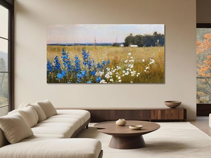 Ardemy Landscape Wall Art Canvas -Texture Strokes Vintage Countryside Serene Extra Large Framed 58"x29" Painting for Living Room, Flower Field Artwork Prints Bedroom Dining Room Home Office Wall Decor