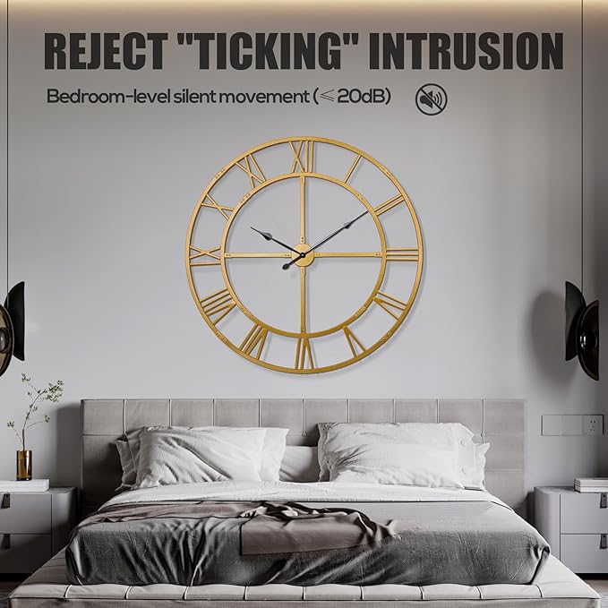 Large Wall Clock for Living Room Decor – 48 inch Knocked-Down (KD) Silent Non-Ticking Modern Farmhouse Wall Clock, Oversized Decorative Metal Roman Numeral Clock, Gold