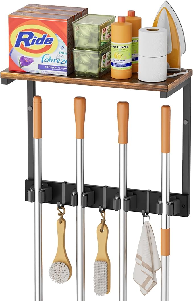 Broom Holder Wall Mount with Cleaning Supplies Organizer, Laundry Room Organization and Storage Shelves, Mop Hanger Broom Rack with Hooks, Home Improvement Kitchen Shelf Garage Organizer